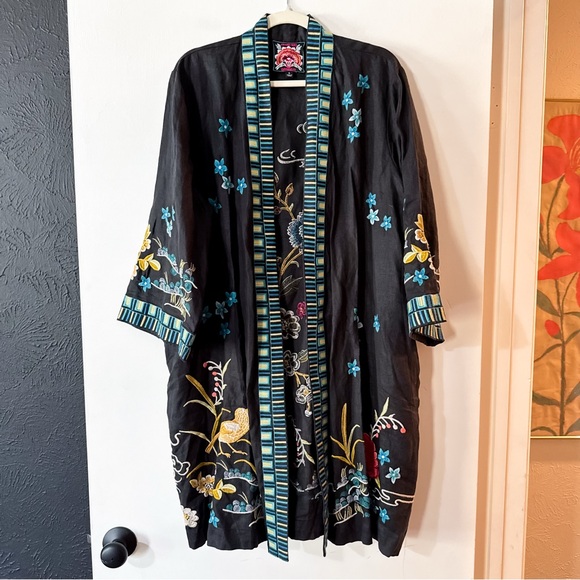 Johnny Was Celina Linen Kimono Coat Jacket Black Peacock Embroidered Size XL - Picture 3 of 11